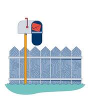 Rural mailbox with fence behind 2D illustration. Letter delivery. Postal service. Receiving mail envelope inside letterbox flat scene isolated on white background. Colorful cartoon image vector