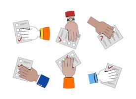 Multiple hands holding voting ballots illustration set. Diverse voters with questionnaire sheets checkmarks 2D cartoon images isolated on white. Editable flat cliparts colorful collection vector