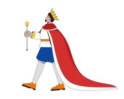 Majestic king walking with scepter 2D cartoon character. Medieval costume, monarchy. Historical ruler regal man dressed in royal attire flat person isolated on white. Spot illustration colorful vector