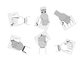 Multiple hands holding voting ballots outline illustration set. Diverse voters with questionnaire sheets checkmarks isolated 2D images black and white. Linear drawings clip arts collection vector