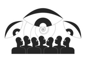 Surveillance and control in dictatorship line illustration concept. Dystopian society. Big brother all-seeing eyes over citizens outline 2D characters isolated. Ink linear drawing art vector