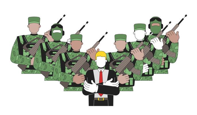 Military dictatorship and political control 2D illustration concept. Faceless politician dictator surrounded by armed soldiers cartoon characters isolated on white. Flat abstract graphic