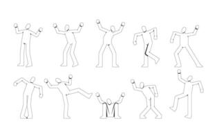 Abstract faceless human figures in dynamic poses 2D line characters set. Body motion. Puppets manikin. Dancing silhouettes isolated ink outline people. Monochrome spot illustrations collection vector