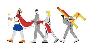 Burden of monarchy authority and class struggle 2D illustration concept. King walking ahead with impoverished servants exploitation cartoon characters isolated on white. Flat abstract graphic vector