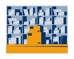 Warehouse storage with shelves and boxes 2D illustration. Inventory management, cardboard parcels pos terminal on counter flat scene isolated on white background. Colorful cartoon image vector