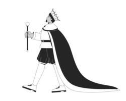 Majestic king walking with scepter 2D line character. Medieval costume, monarchy. Historical ruler regal man dressed in royal attire isolated ink outline person. Monochromatic spot illustration vector