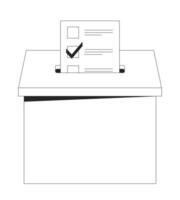 Voting sheet inserted into ballot box 2D line object. Democratic election. Civic responsibility. Voter participation checkbox isolated clipart ink outline item. Monochrome spot illustration vector