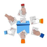 Collective voting for democracy 2D illustration concept. Democratic election. Diverse hands casting ballots into voting box cartoon characters isolated on white. Flat abstract graphic vector