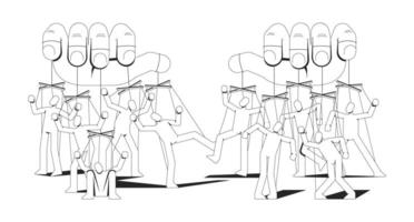 Totalitarianism manipulation with puppets strings line illustration concept. Psychological propaganda. Puppeteer controlling people outline 2D characters isolated. Ink linear drawing art vector