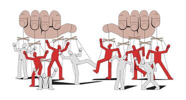 Totalitarianism manipulation with puppets strings 2D illustration concept. Psychological propaganda. Puppeteer controlling people cartoon characters isolated on white. Flat abstract graphic vector