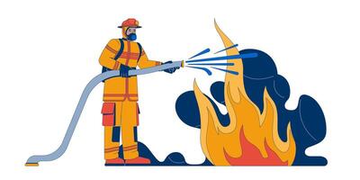 Firefighter extinguishing large fire 2D illustration. Fireman in protective gear spraying water from fire hose to flames flat character isolated on white background. Colorful cartoon image vector