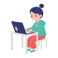 Cute young girl sitting at desk using laptop computer for online learning or homework vector