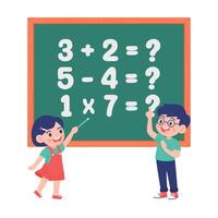 Happy children learning basic math operations on classroom chalkboard with fun interaction vector