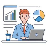 Businessman working on laptop with charts and graphs showing growth and progress vector