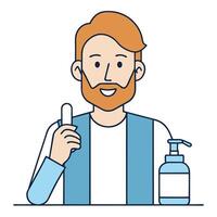 Happy man with beard showing thumb up recommending hand sanitizer vector