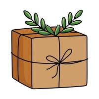 A charming illustration of a rustic brown gift box adorned with a sprig of green leaves tied with twine vector