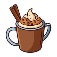 Delicious Hot Chocolate with Whipped Cream and Chocolate Chip Cookies Topped with Cinnamon Sticks vector