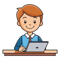 Happy young boy student using tablet computer at desk learning online education vector