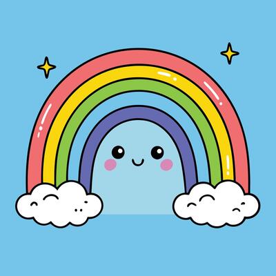 Adorable Cartoon Rainbow with Cute Smiling Cloud Character and Sparkling Stars