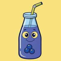 Adorable Cartoon Blueberry Juice Bottle with Straw Happy Face and Three Blueberries vector