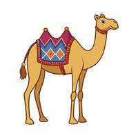A Delightful Cartoon Camel with a Colorful Saddle Ready for an Adventure in the Desert vector