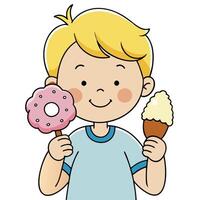A Happy Young Boy Enjoying a Delicious Donut and Ice Cream Treat vector