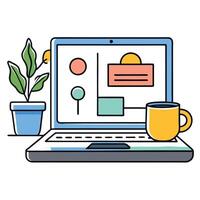 Laptop Computer Workspace with Coffee and Plant a Cozy Home Office Setup for Remote Work or Study vector