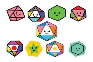 Cute Geometric Faces for Kids and Fun Designs. A collection of colorful polygon characters perfect for stickers, prints, cartoons, and educational projects. vector