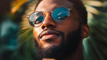 Stylish man with beard, glasses, gazing upwards. Reflective lenses capture the sky, suggesting optimism and forward-thinking perspective. photo