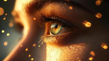 Close-up of a captivating eye. The gold glitter and soft bokeh create a mesmerizing effect, enhancing the eye's beauty and allure. photo