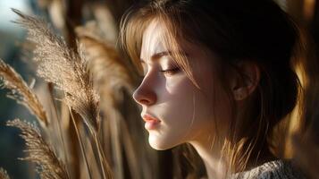 Contemplative beauty in nature's soft embrace, light dancing on her serene profile, a moment of quiet reflection in a golden field. photo