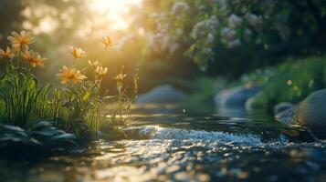 A serene landscape with golden sunlight illuminating wildflowers along a gentle stream, creating a peaceful and idyllic scene. photo