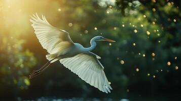 Elegant avian flight in a sunlit, soft focus scene, showcasing a soaring heron with outstretched wings against a bokeh-filled background. photo