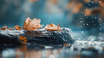 Autumn leaves rest on a rock in shallow water, with a soft, blue background. Raindrops fall, creating a serene seasonal scene. photo