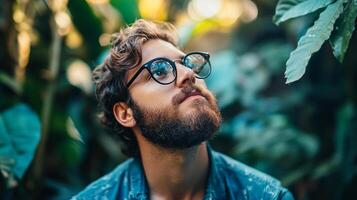 Bearded man with glasses looks upwards. Surrounded by the lush green of nature, gazing up into the light filtering through the leaves. photo