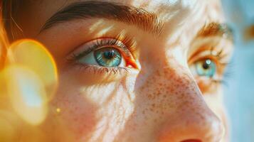 Sunlit close-up captures striking blue eyes and freckled skin with gentle shadows and bokeh effects, creating a warm and intimate portrait. photo