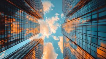 Skyscrapers pierce the sky, reflecting clouds. A modern urban vista of towering architecture against a backdrop of azure and soft hues. photo