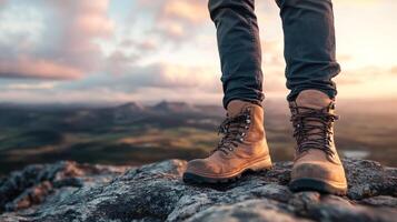 Adventure awaits with sturdy hiking boots. Explore trails and conquer mountains. Embrace the journey into the wilderness. photo