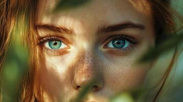 Striking portrait highlighting blue eyes, freckled skin, framed by foliage, creating a natural, ethereal, and intriguing look. photo