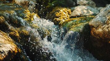 Water cascades over mossy rocks, sunlight glinting on the flowing stream, creating a refreshing natural scene, pristine and serene. photo