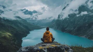 Person meditates atop a rock above a turquoise lake, surrounded by misty mountains, finding peace in the serene natural landscape. photo