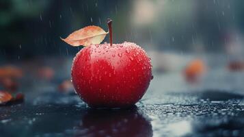A solitary red apple, adorned with raindrops and a single leaf, rests on a dark surface during a gentle rain shower. Serene and refreshing. photo