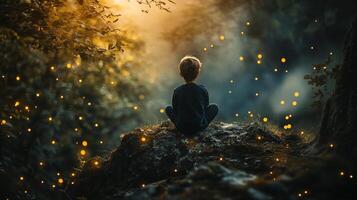 A young boy sits in contemplation atop a rocky outcrop, surrounded by glowing orbs, lost in thought within a serene forest setting. photo