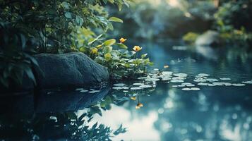 Serene pond scene with rocks, lush foliage, and water lilies, radiating tranquility and natural beauty in a harmonious composition. photo