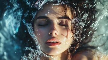 Serene woman immersed in water, eyes closed, capturing a sense of peace and tranquility with glistening water droplets. photo