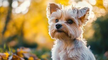 A fluffy terrier basks in golden sunlight, its gaze fixed on something unseen. Soft fur and curious eyes create a heartwarming scene. photo