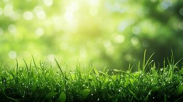 Lush green grass glistening with morning dew, illuminated by soft sunlight filtering through the trees. A refreshing and peaceful scene. photo