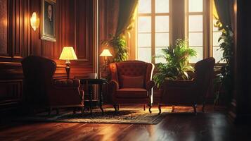 Inviting room featuring plush armchairs, classic wooden paneling, and greenery bathed in soft sunlight creating an atmosphere of sophisticated comfort. photo