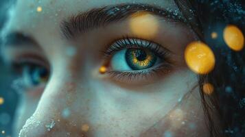 Close-up of a face with gold and blue eyes, with snowy details and bright bokeh, creating a winter aesthetic. photo