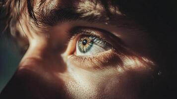 A striking close-up reveals a captivating eye, the window to the soul, bathed in light and shadow, capturing intricate details. photo